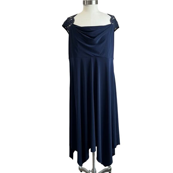 Catherines Dresses & Skirts - Catherine’s Navy Lace  Draped Bodice Handkerchief Hem Formal Dress 1X